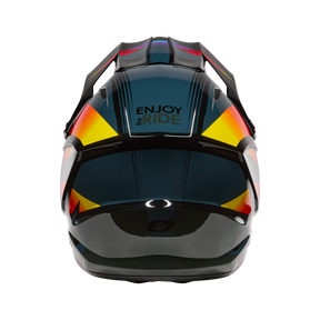Der O'NEAL 1SRS Helmet RC von O'NEAL zeigt sich von hinten mit einem bunten geometrischen Muster und dem Aufdruck "ENJOY the RIDE".