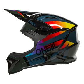 Der O'NEAL 1SRS Helmet RC ist ein Fullface-Motocross-Helm mit Visier, der sich durch eine schlichte schwarze Basis und leuchtend rote, gelbe, blaue und orangefarbene geometrische Muster auszeichnet. Der Markenname O'NEAL ist an der Seite angebracht.