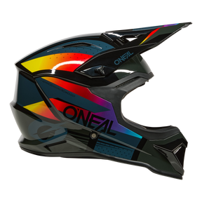 Der O'NEAL 1SRS Youth Helmet RC ist ein Fullface-Motocross-Helm mit schwarzer Basis, auffälligen geometrischen Mustern in Gelb, Rot, Lila und Blau und dem Markennamen "O'NEAL" an der Seite.