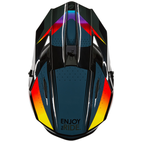 Der O'NEAL 1SRS Youth Helmet RC von O'NEAL in schwarzem Design mit roten, gelben und orangefarbenen geometrischen Akzenten und dem Aufdruck "ENJOY the RIDE." auf der Vorderseite.