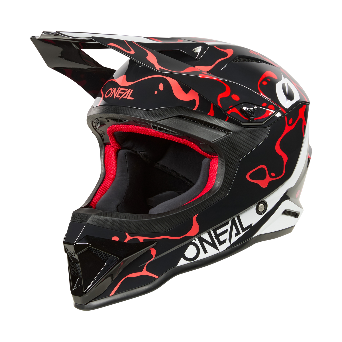 Der O'NEAL 1SRS Helm SPLASH in schwarz/rot verfügt über auffällige grafische Motive, ein großes Visier, eine rot-schwarze Innenpolsterung und das "O'NEAL"-Branding auf dem Kinnschutz und an der Seite.