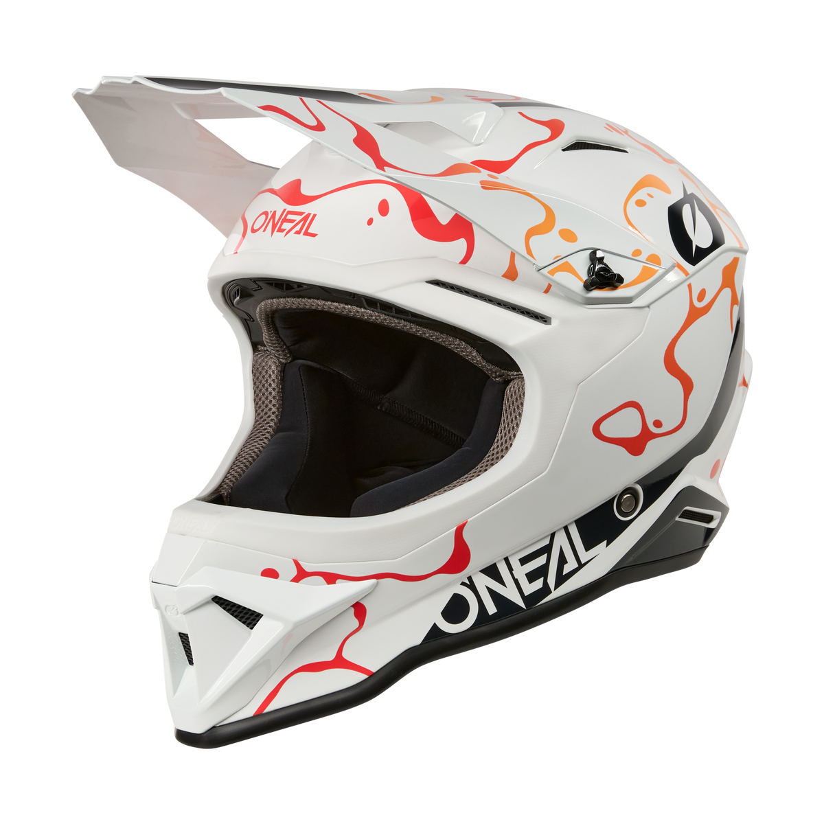 Der O'NEAL 1SRS Helm SPLASH in Weiß/Orange zeichnet sich durch abstrakte Muster, ein großes Visier und eine schwarze Innenpolsterung aus. Er wird im Seitenprofil vor einem schwarzen Hintergrund präsentiert.