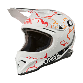 Der O'NEAL 1SRS Helm SPLASH in Weiß/Orange zeichnet sich durch abstrakte Muster, ein großes Visier und eine schwarze Innenpolsterung aus. Er wird im Seitenprofil vor einem schwarzen Hintergrund präsentiert.