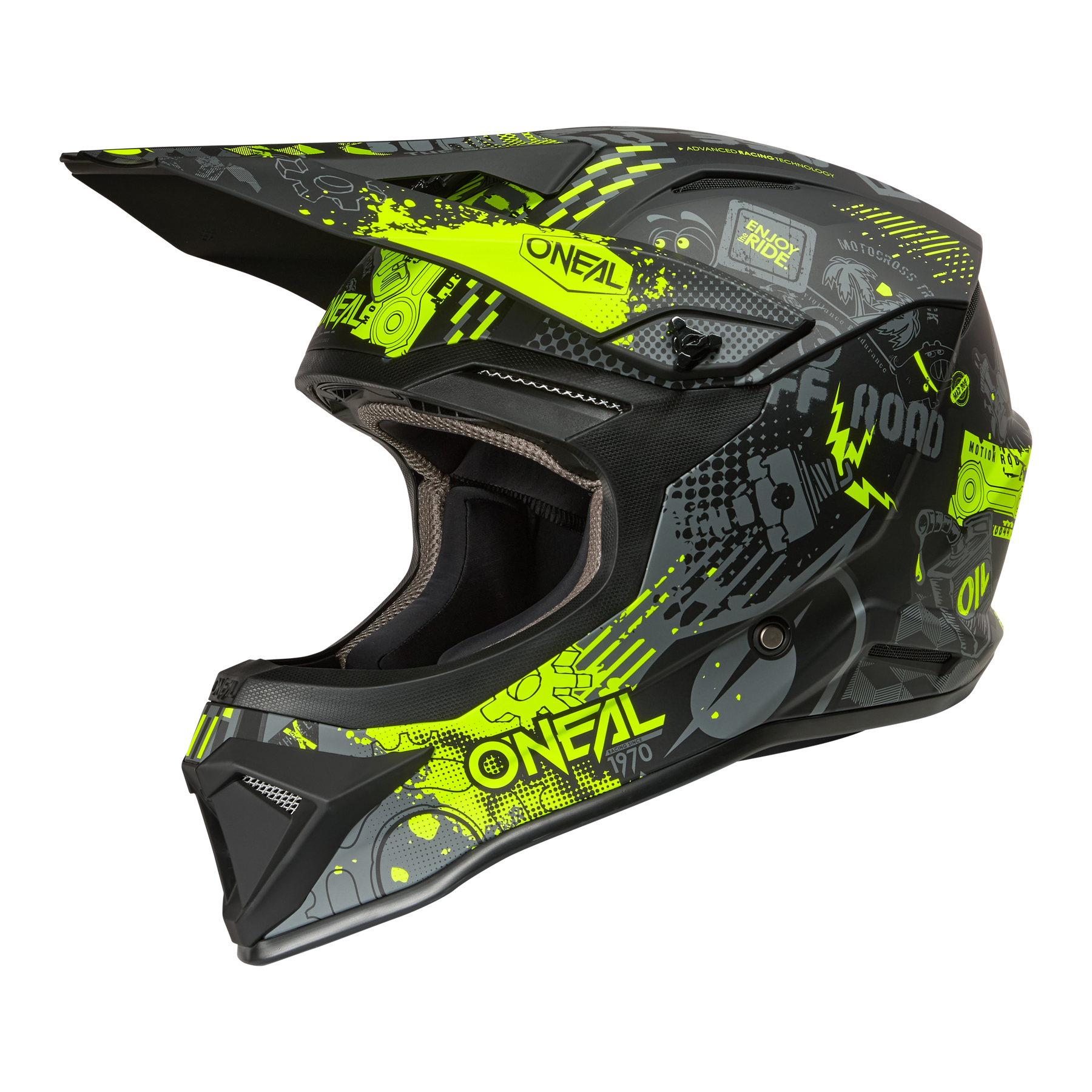 Der O'NEAL 1SRS Helm VIBRANT ist ein schwarz-grauer Offroad-Helm mit neongelben Grafiken, geometrischen Mustern und dem "ONEAL"-Schriftzug, der sich von der Seite vor einem schwarzen Hintergrund abzeichnet.