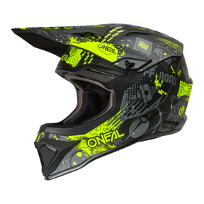 Der O'NEAL 1SRS Helm VIBRANT ist ein schwarz-grauer Offroad-Helm mit neongelben Grafiken, geometrischen Mustern und dem "ONEAL"-Schriftzug, der sich von der Seite vor einem schwarzen Hintergrund abzeichnet.