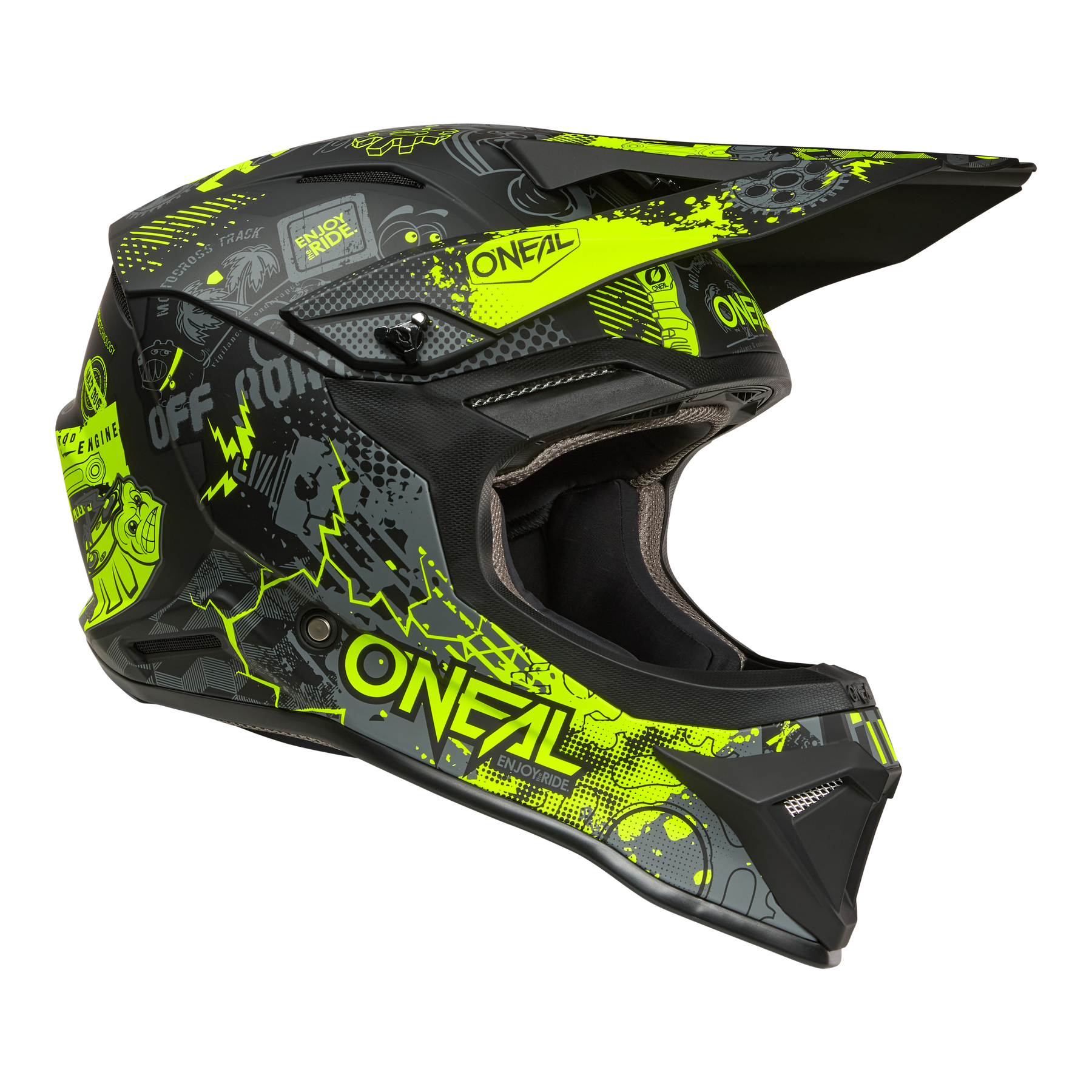Der O'NEAL 1SRS Helmet VIBRANT ist ein schwarzer und neongelber Offroad-Helm mit auffälligen Grafiken, einem Visier und einem Kinnschutz, der von O'NEAL für Motocross-Fahrer entwickelt wurde.