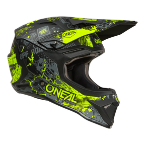Der O'NEAL 1SRS Helmet VIBRANT ist ein schwarzer und neongelber Offroad-Helm mit auffälligen Grafiken, einem Visier und einem Kinnschutz, der von O'NEAL für Motocross-Fahrer entwickelt wurde.