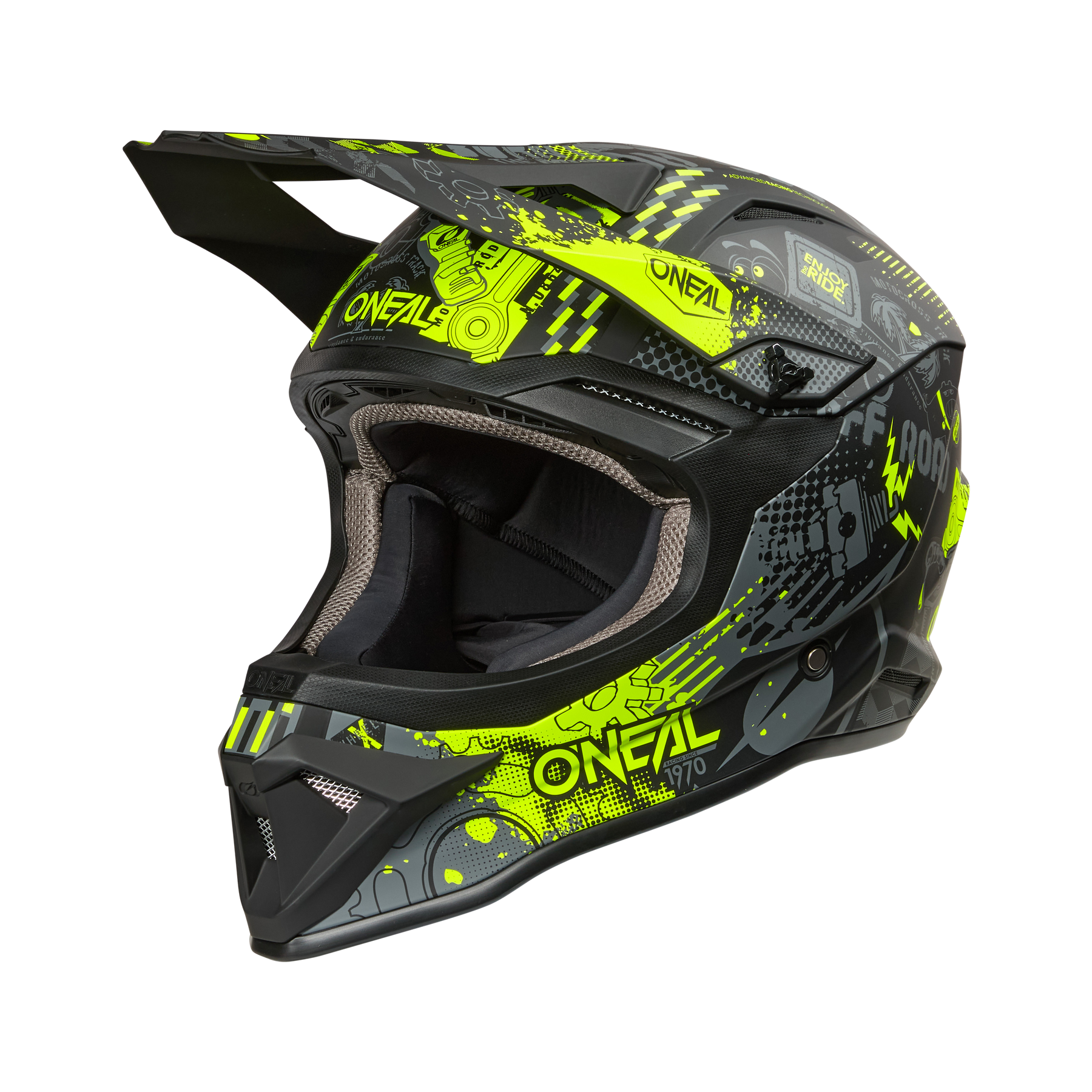 Der O'NEAL 1SRS Helm VIBRANT in schwarz/neongelb verfügt über geometrische Grafiken, ein Visier und das O'NEAL-Logo an mehreren Stellen, perfekt für den Einsatz im Gelände.
