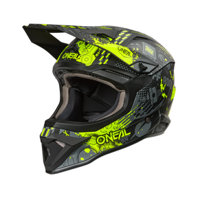 Der O'NEAL 1SRS Helm VIBRANT in schwarz/neongelb verfügt über geometrische Grafiken, ein Visier und das O'NEAL-Logo an mehreren Stellen, perfekt für den Einsatz im Gelände.