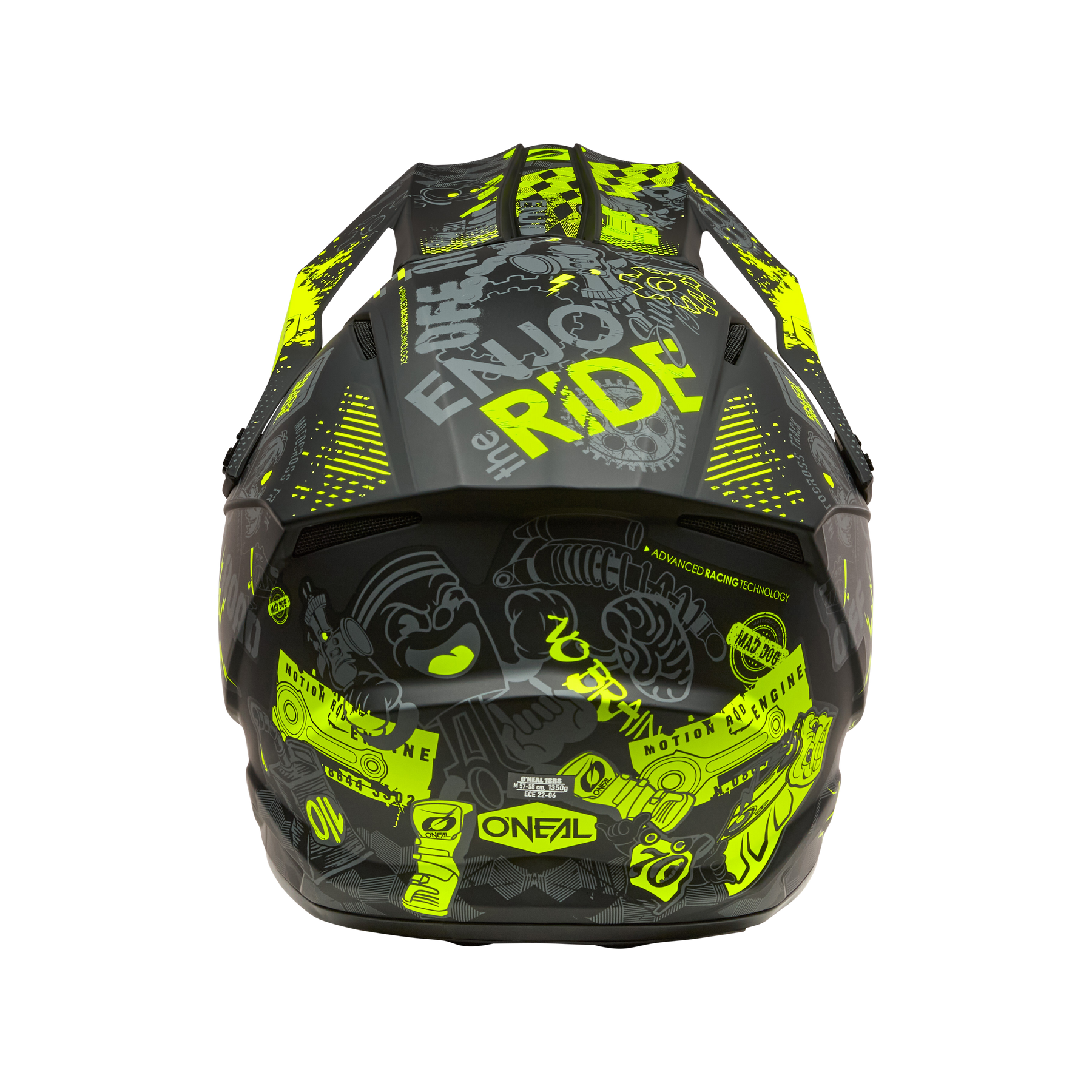 Der O'NEAL 1SRS Helmet VIBRANT ist ein schwarzer Motocross-Helm mit auffälligen neongelben Grafiken, Cartoons, Markenlogos, Sprüchen wie "ENJOY THE RIDE" und abstrakten Mustern für einen lebendigen, ausgefallenen Look.