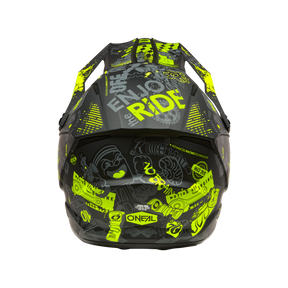 Der O'NEAL 1SRS Helmet VIBRANT ist ein schwarzer Motocross-Helm mit auffälligen neongelben Grafiken, Cartoons, Markenlogos, Sprüchen wie "ENJOY THE RIDE" und abstrakten Mustern für einen lebendigen, ausgefallenen Look.