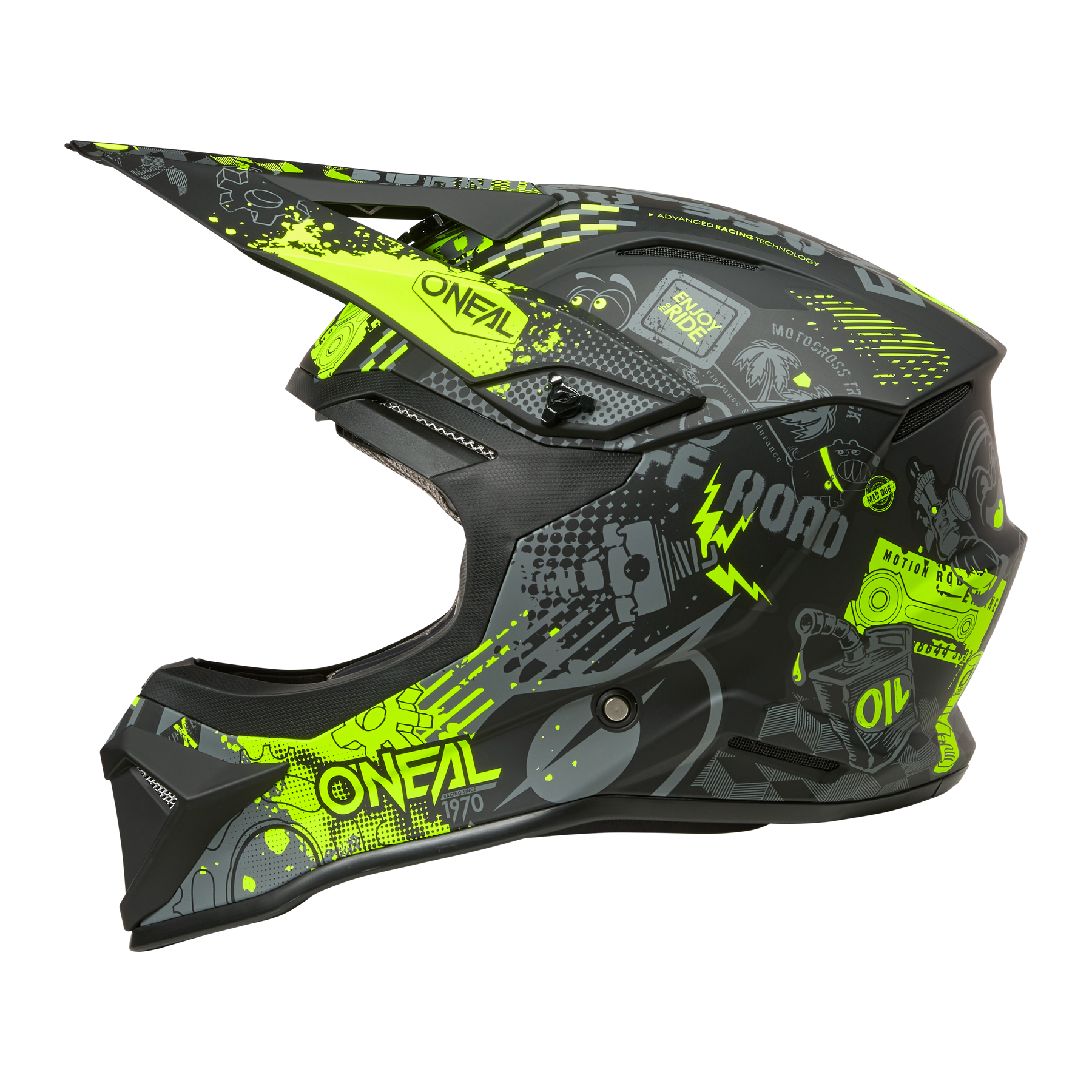 Der O'NEAL 1SRS Helmet VIBRANT von O'NEAL ist ein schwarzer und neongelber Motocross-Helm mit grafischen Designs mit Text, Blitzen, abstrakten Mustern, einem Visier und Vollgesichtsschutz.