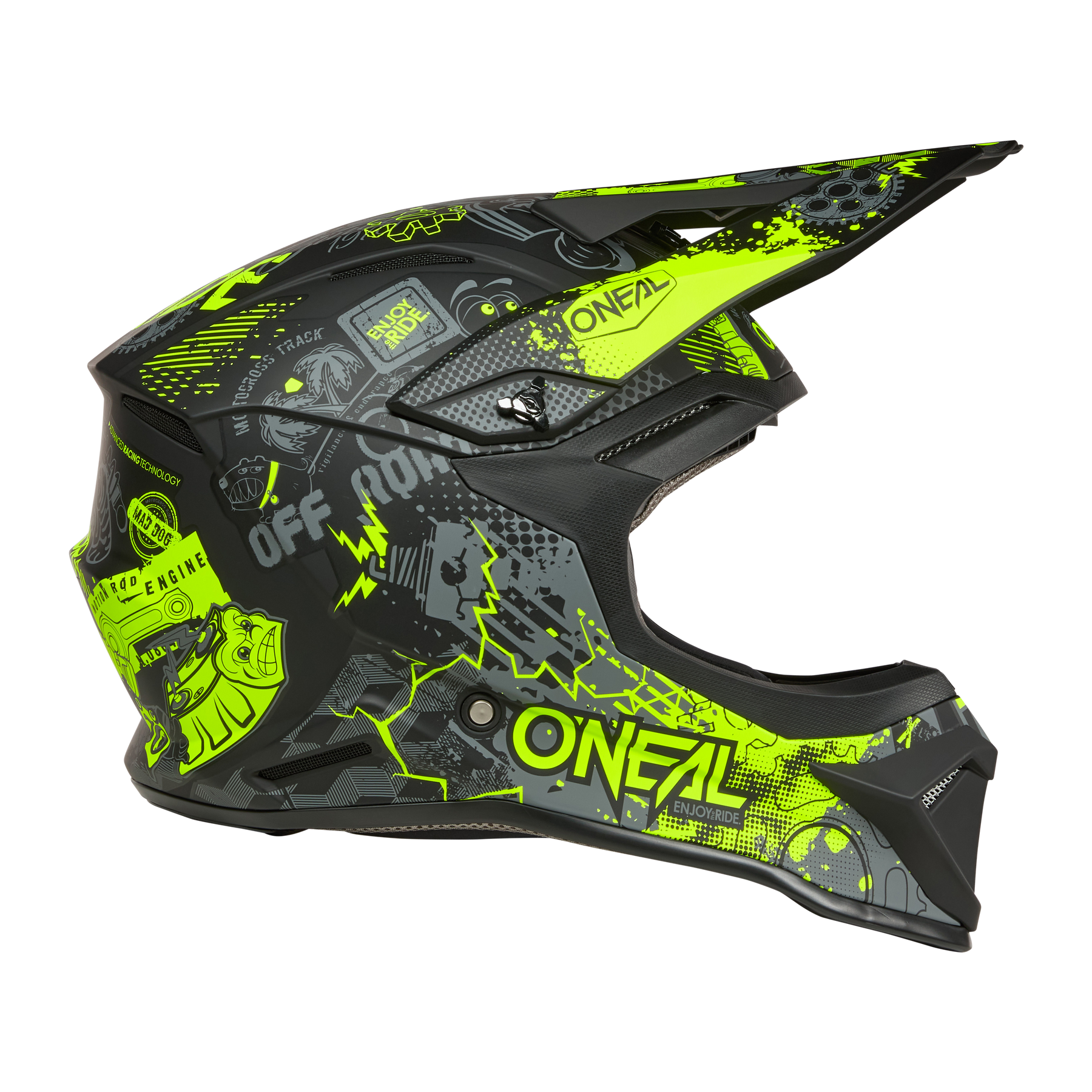 Der O'NEAL 1SRS Helmet VIBRANT ist ein schwarzer und neongelber Motocross-Vollvisierhelm mit auffälligen Grafiken wie dem O'Neal-Logo, Zahnrädern, Motorenteilen und dem Schriftzug "OFF-ROAD" sowie einem schützenden Visier und einem stylischen Design.