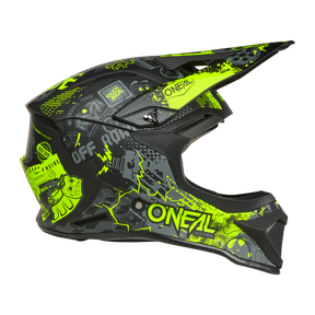 Der O'NEAL 1SRS Helmet VIBRANT ist ein schwarzer und neongelber Motocross-Vollvisierhelm mit auffälligen Grafiken wie dem O'Neal-Logo, Zahnrädern, Motorenteilen und dem Schriftzug "OFF-ROAD" sowie einem schützenden Visier und einem stylischen Design.