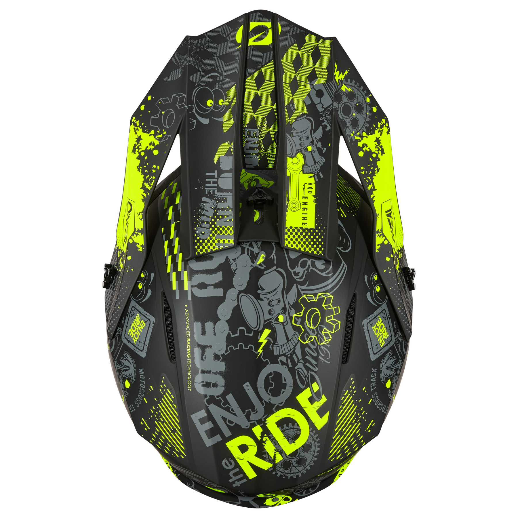 Der O'NEAL 1SRS Helm VIBRANT von O'NEAL zeigt eine Draufsicht in Schwarz und Neongelb mit auffälligen Grafiken, cartoonartigen Zahnrädern, dem Schriftzug "ENJOY THE RIDE" und verschiedenen Mustern auf der Oberfläche.