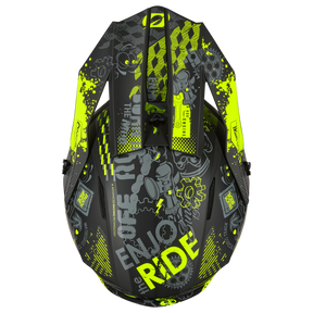 Der O'NEAL 1SRS Helm VIBRANT von O'NEAL zeigt eine Draufsicht in Schwarz und Neongelb mit auffälligen Grafiken, cartoonartigen Zahnrädern, dem Schriftzug "ENJOY THE RIDE" und verschiedenen Mustern auf der Oberfläche.