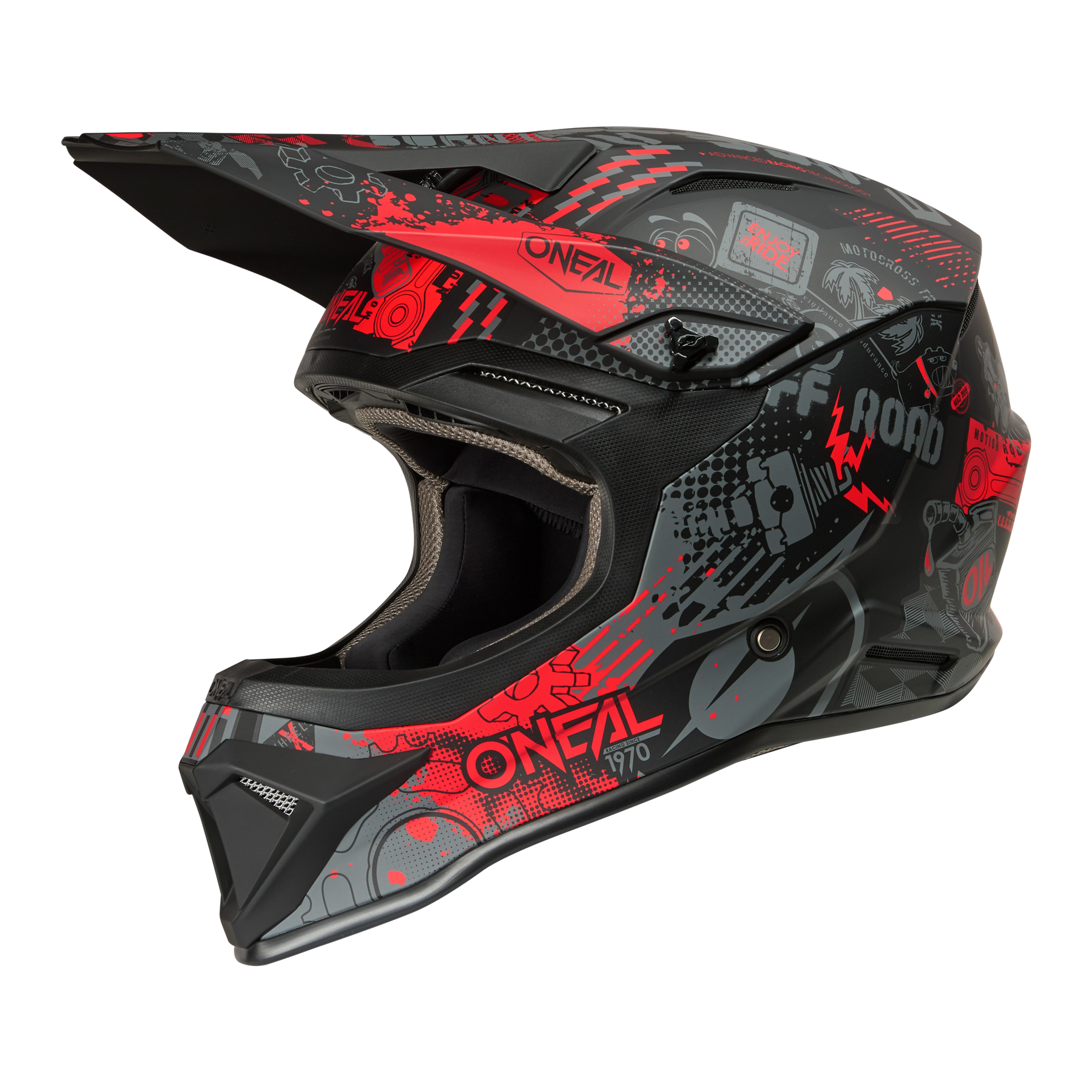 Der O'NEAL 1SRS Helm VIBRANT zeichnet sich durch ein schwarzes und rotes Design mit auffälligen, kantigen Grafiken, dem ONEAL"-Schriftzug, dem OFF ROAD"-Text und verschiedenen stilisierten Mustern und Symbolen auf der Schale aus.