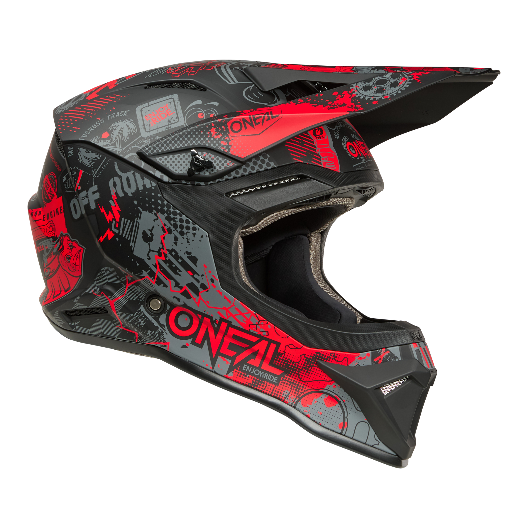 Der O'NEAL 1SRS Helmet VIBRANT ist ein schwarz-roter Offroad-Motocross-Helm mit einem kantigen Visier, auffälligen grafischen Mustern und dem O'NEAL-Logo an der Seite.