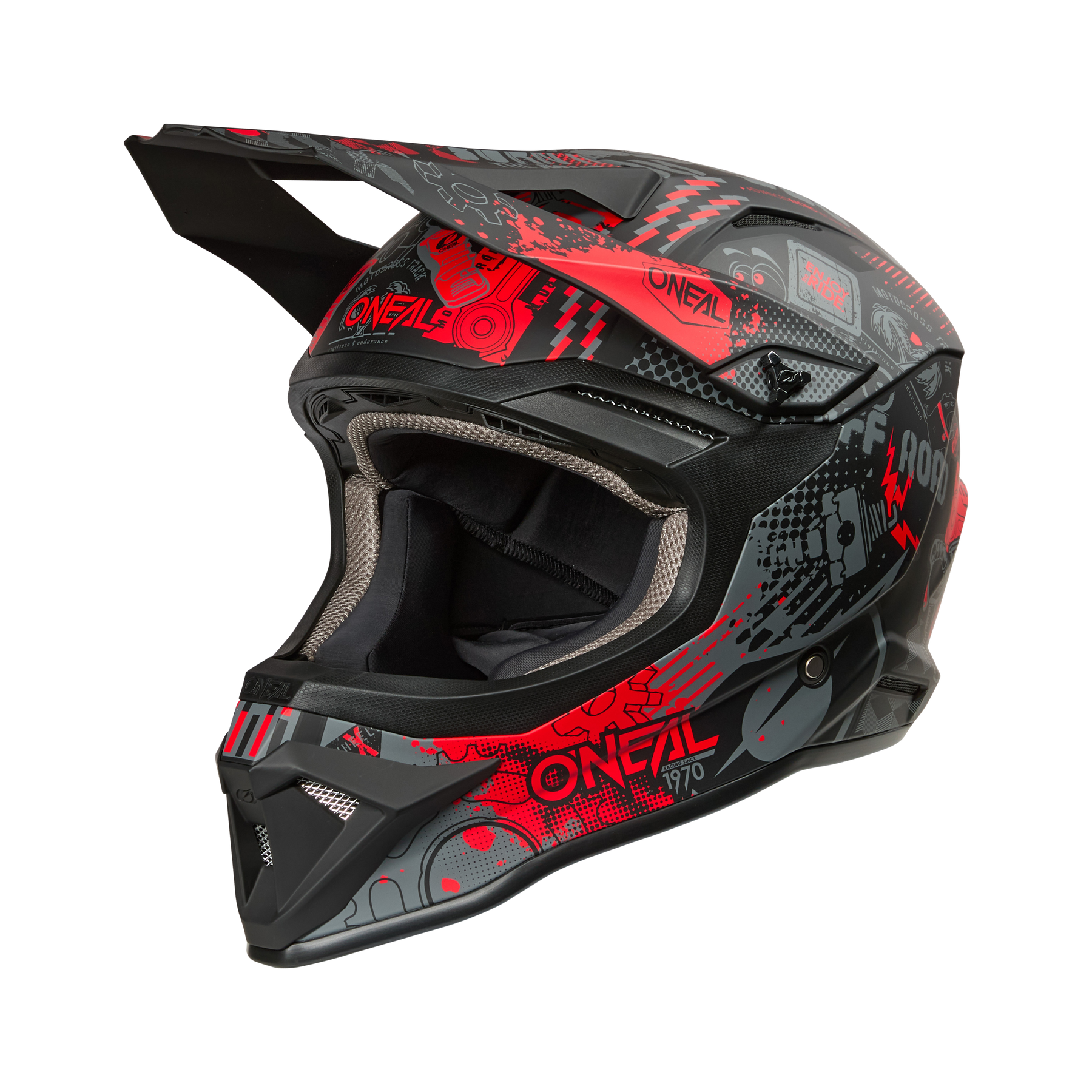Der O'NEAL 1SRS Helm VIBRANT in schwarz/rot verfügt über auffällige grafische Muster, ein Visier und eine gepolsterte Innenseite. Von der Seite gesehen auf schwarzem Hintergrund zeigt das Design "O'NEAL" und "1970".