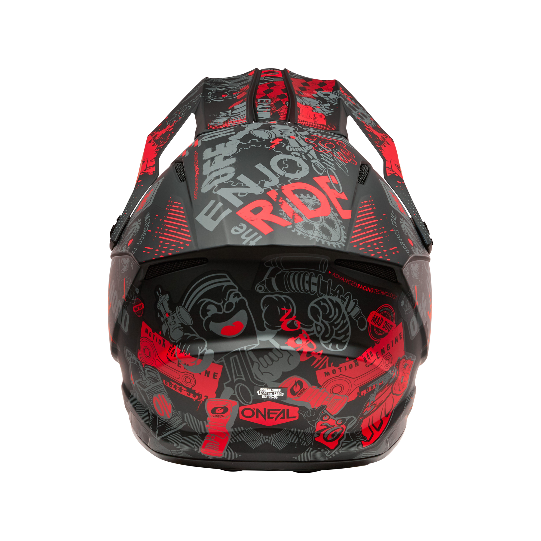 Der O'NEAL 1SRS Helmet VIBRANT von O'NEAL ist ein schwarzer Motocross-Helm in der Draufsicht, der mit lebhaften roten und grauen Graffiti-Grafiken verziert ist, darunter Texte, Cartoon-Gesichter und abstrakte Designs.