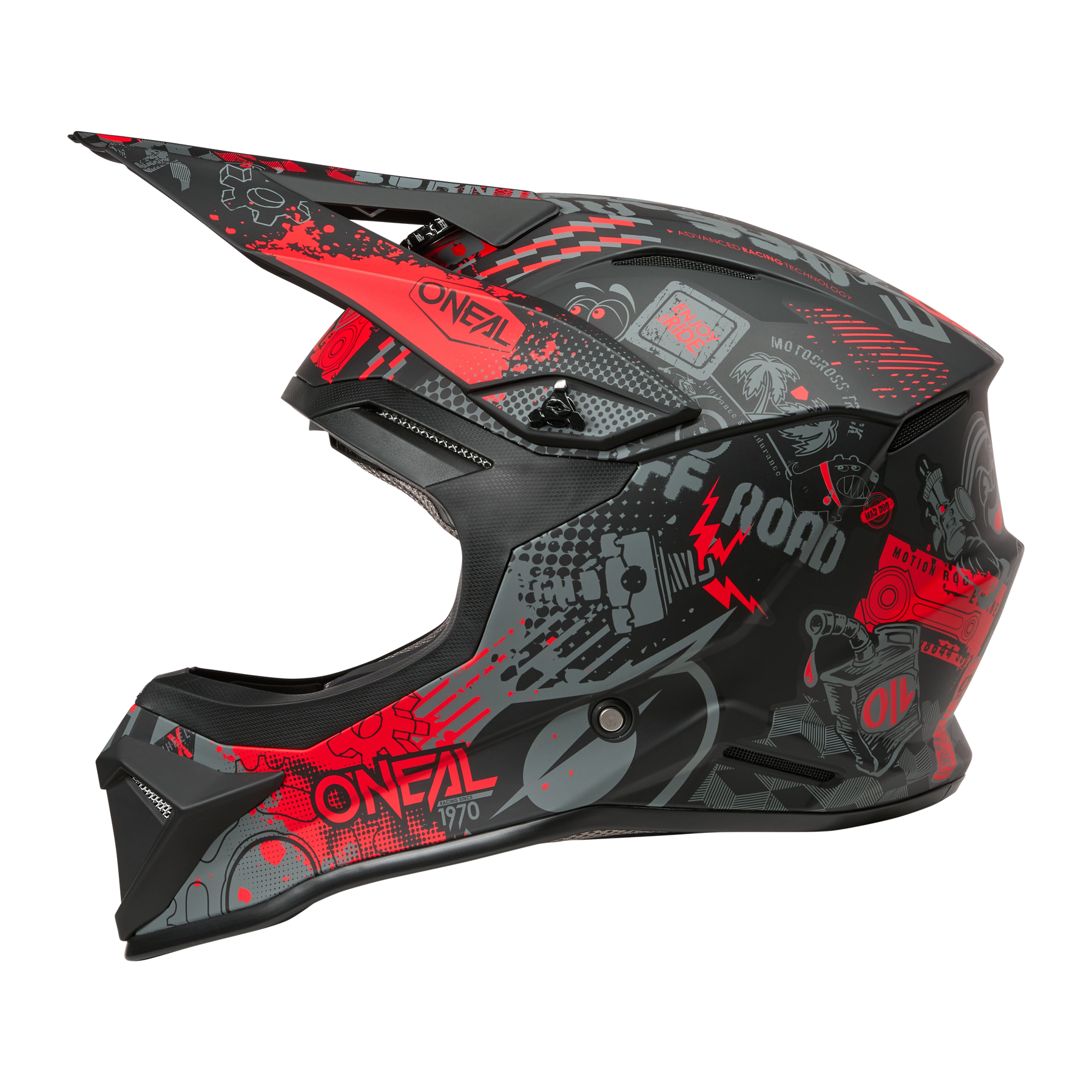 Der O'NEAL 1SRS Helmet VIBRANT ist ein schwarzer Fullface-Motocross-Helm mit auffälligen roten und grauen Grafiken, die das O'NEAL-Logo, den "OFF ROAD"-Schriftzug, abstrakte Muster und mechanische Elemente zeigen.