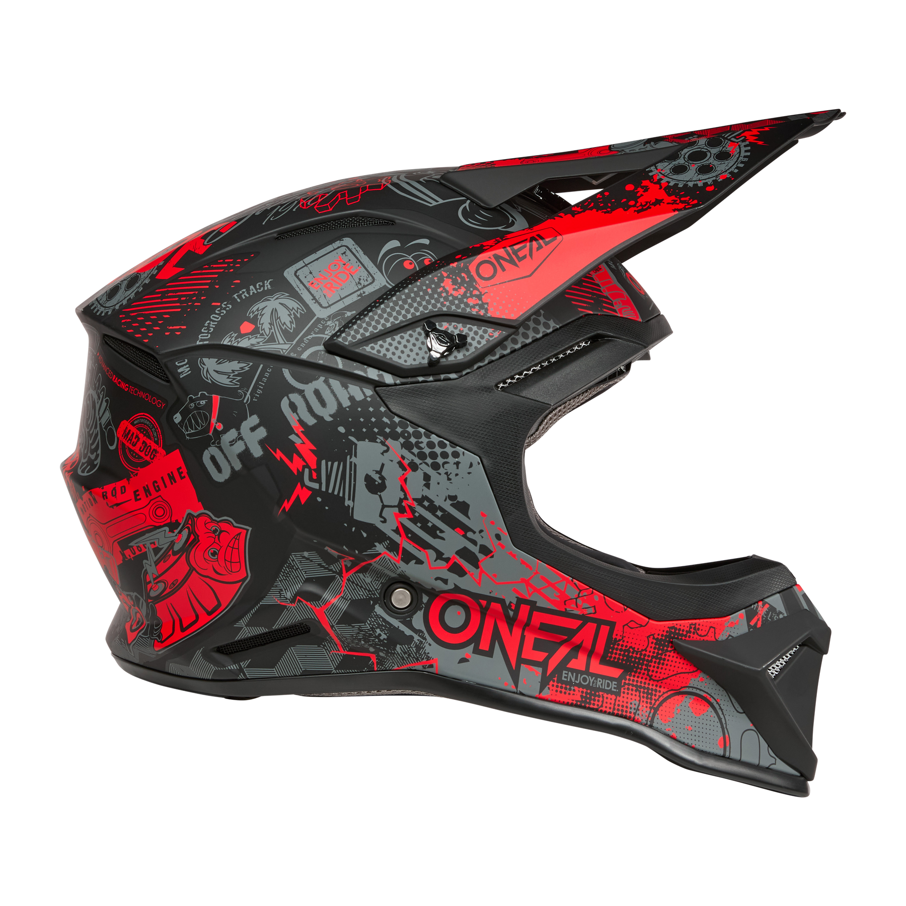 Der O'NEAL 1SRS Helmet VIBRANT ist ein schwarz-roter Fullface-Motocross-Helm mit futuristischen Grafiken und dem "O'NEAL"-Logo an der Seite.