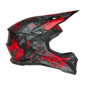 The O'NEAL 1SRS Helmet VIBRANT is a black and red full-face motocross helmet with futuristic graphics and the "O'NEAL" logo on the side.
