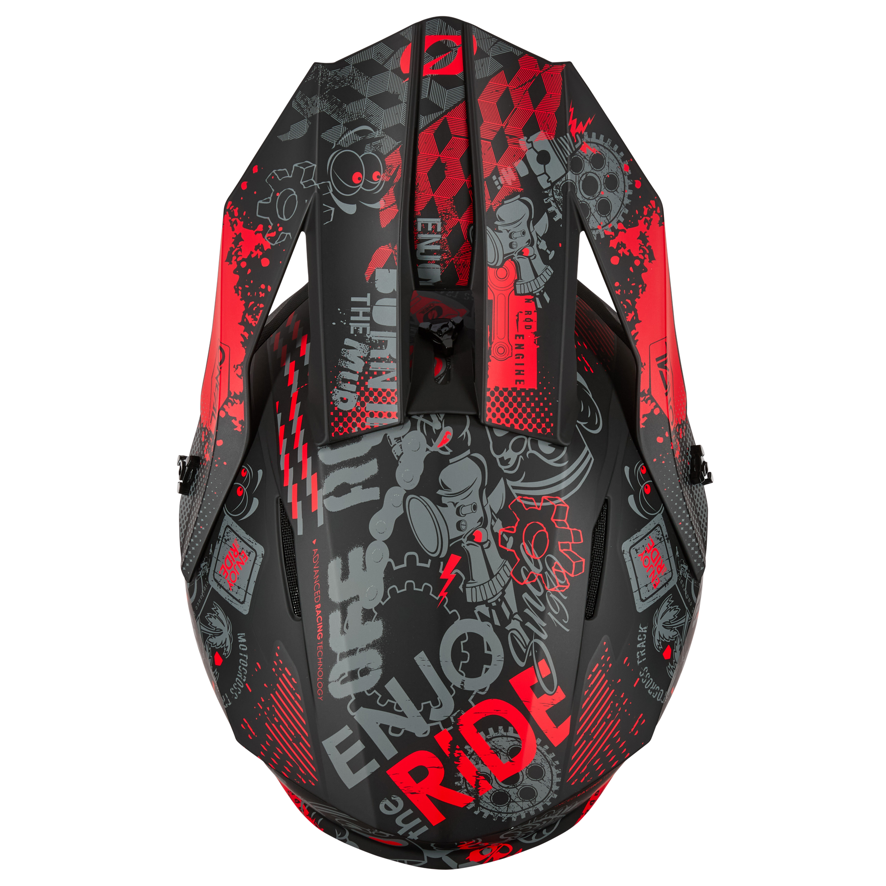Draufsicht auf den O'NEAL 1SRS Helmet VIBRANT von O'NEAL, ein schwarzer Helm mit roten Akzenten, verspielten Graffiti-Grafiken, Zahnrädern und dem Aufdruck "ENJOY THE RIDE" auf der Oberfläche.