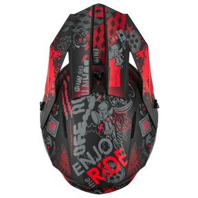 Top view of the O'NEAL 1SRS Helmet VIBRANT by O'NEAL, a black helmet with red accents, playful graffiti graphics, gears and the words "ENJOY THE RIDE" printed on the surface.