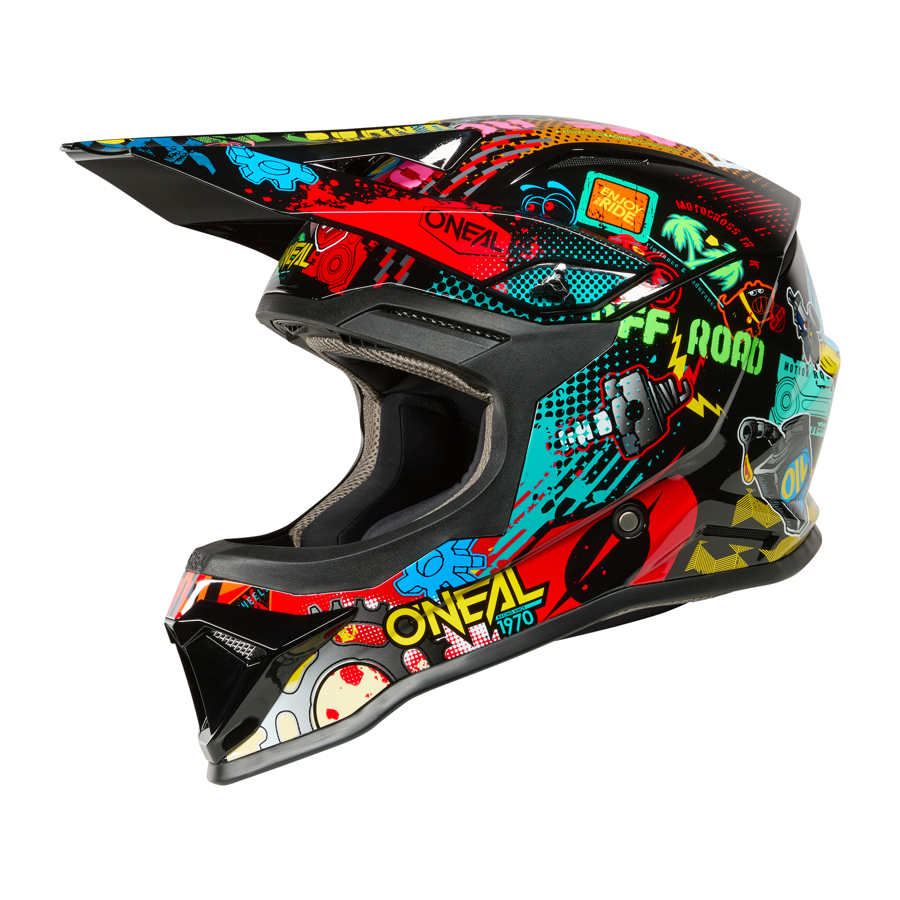 Der O'NEAL 1SRS Youth Helmet VIBRANT ist ein farbenfroher Motocross-Helm mit Visier, der Graffiti-Grafiken, auffällige Muster und "O'NEAL"-Logos auf schwarzem Hintergrund zeigt.