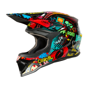Der O'NEAL 1SRS Youth Helmet VIBRANT ist ein farbenfroher Motocross-Helm mit Visier, der Graffiti-Grafiken, auffällige Muster und "O'NEAL"-Logos auf schwarzem Hintergrund zeigt.