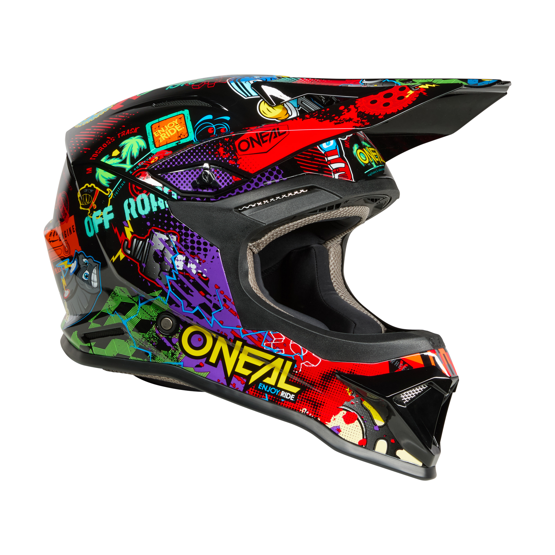 Der O'NEAL 1SRS Youth Helmet VIBRANT zeichnet sich durch eine auffällige Grafik im Graffiti-Stil mit "O'NEAL" und "OFF ROAD", ein großes Visier und leuchtende Muster auf schwarzem Hintergrund aus.
