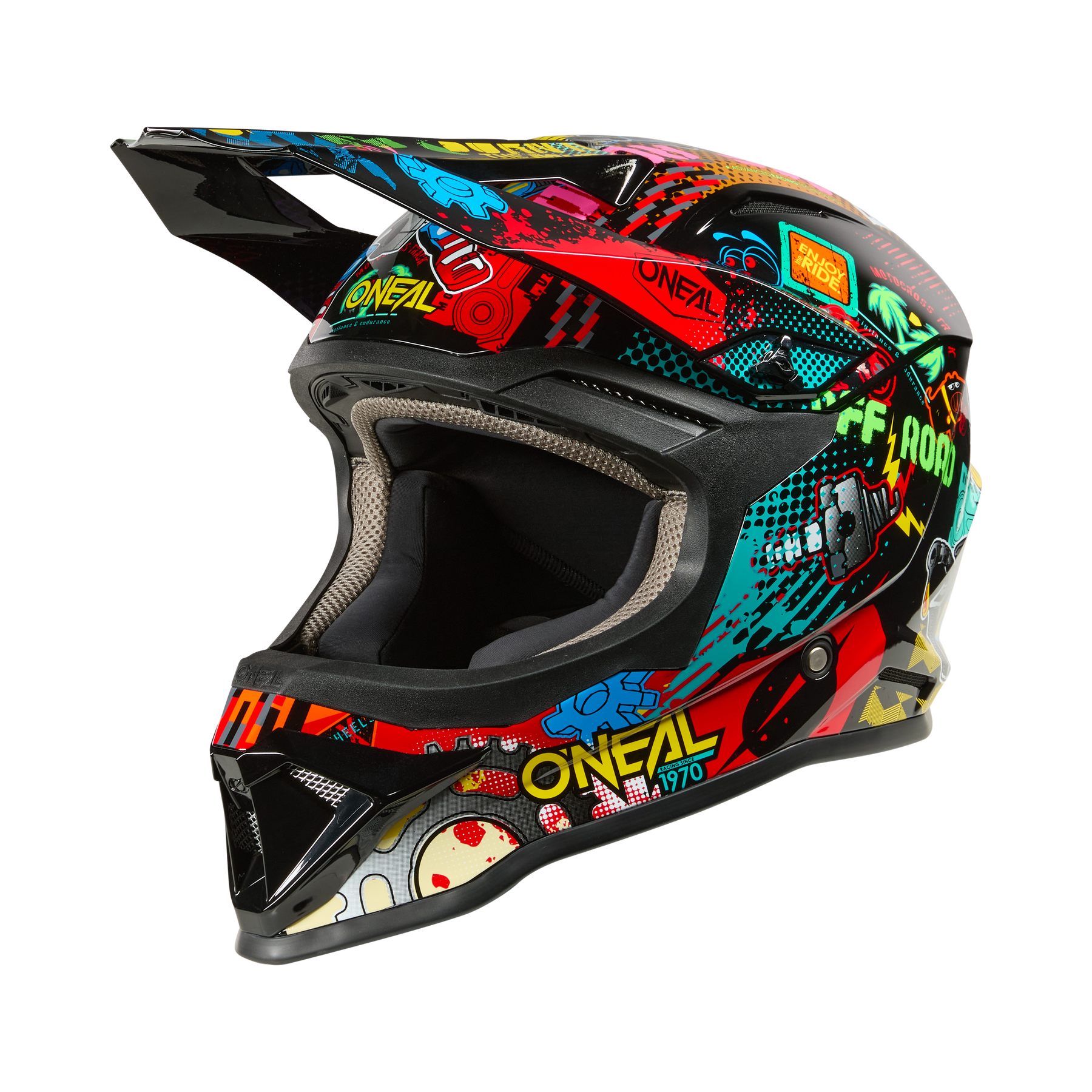 Der O'NEAL 1SRS Youth Helmet VIBRANT von O'NEAL verfügt über mehrfarbige Grafiken im Graffiti-Stil und ist von der Seite vor einem schwarzen Hintergrund dargestellt.