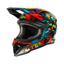 Der O'NEAL 1SRS Youth Helmet VIBRANT von O'NEAL verfügt über mehrfarbige Grafiken im Graffiti-Stil und ist von der Seite vor einem schwarzen Hintergrund dargestellt.