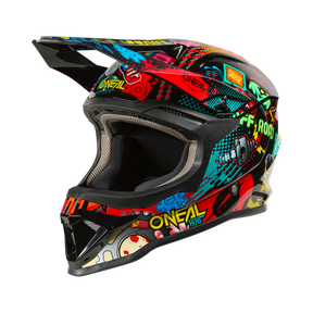 Der O'NEAL 1SRS Youth Helmet VIBRANT von O'NEAL verfügt über mehrfarbige Grafiken im Graffiti-Stil und ist von der Seite vor einem schwarzen Hintergrund dargestellt.