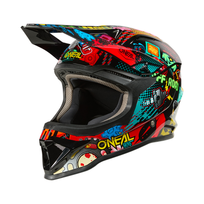 Der O'NEAL 1SRS Youth Helmet VIBRANT von O'NEAL verfügt über mehrfarbige Grafiken im Graffiti-Stil und ist von der Seite vor einem schwarzen Hintergrund dargestellt.