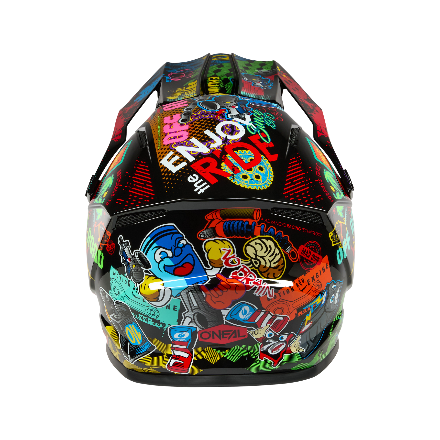 Der O'NEAL 1SRS Youth Helmet VIBRANT von O'NEAL besticht durch fette Graffiti-Kunst, Cartoon-Charaktere und den Text "ENJOY THE RIDE" auf schwarzem Hintergrund für einen farbenfrohen Motocross-Look.