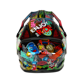 Der O'NEAL 1SRS Youth Helmet VIBRANT von O'NEAL besticht durch fette Graffiti-Kunst, Cartoon-Charaktere und den Text "ENJOY THE RIDE" auf schwarzem Hintergrund für einen farbenfrohen Motocross-Look.