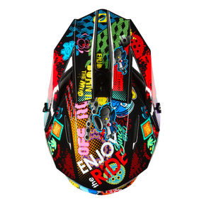 Der O'NEAL 1SRS Youth Helmet VIBRANT von O'NEAL besticht durch mutige Graffiti-Kunst, verspielte Cartoon-Figuren, geometrische Muster und den Text "ENJOY THE RIDE" auf glänzend schwarzem Hintergrund für einen farbenfrohen Look.