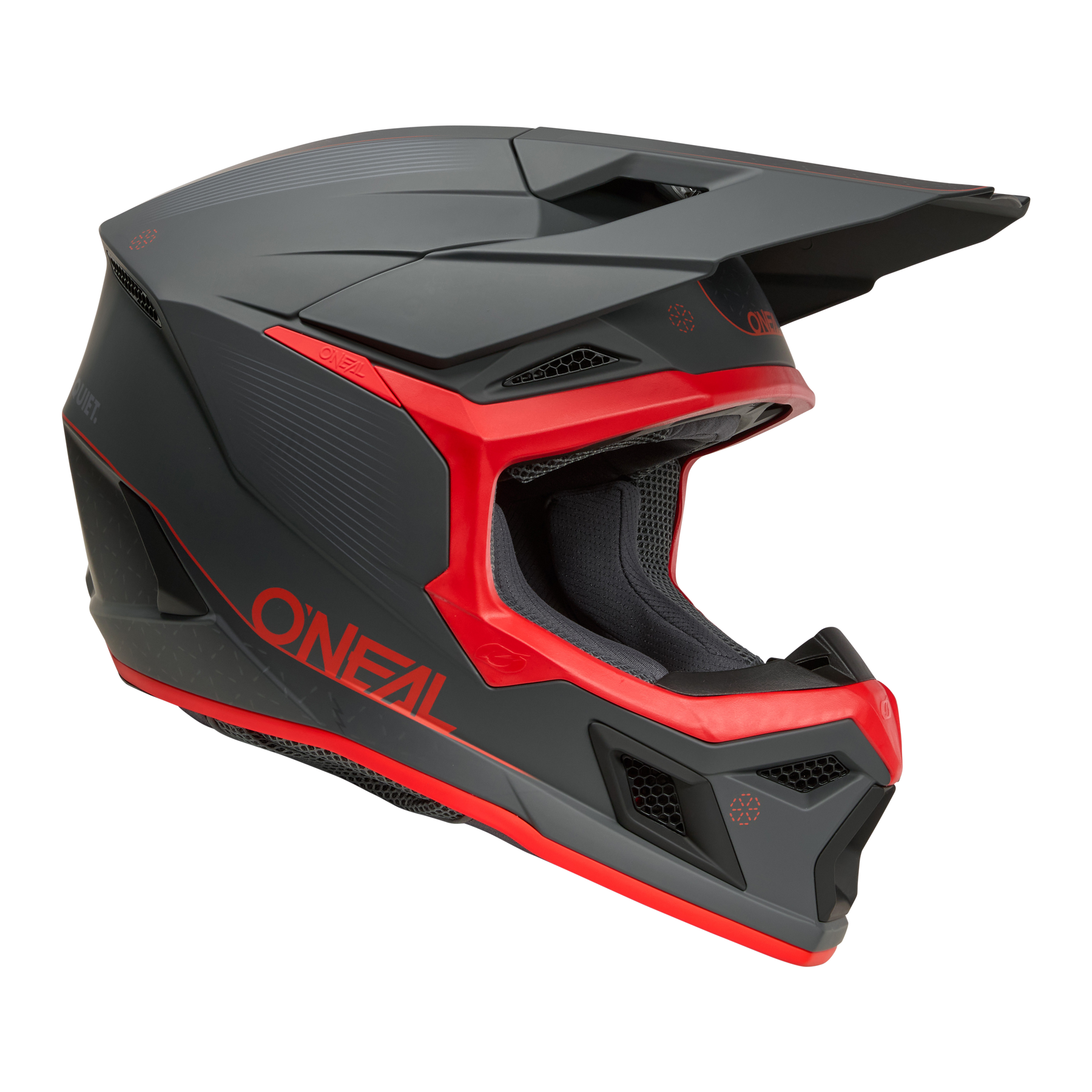 Der O'NEAL 3SRS Helm E-STROKE ist ein schwarz-roter Off-Road-Motocross-Helm mit Visier und großen Belüftungsöffnungen, der für eine optimale Luftzirkulation und Schutz sorgt.