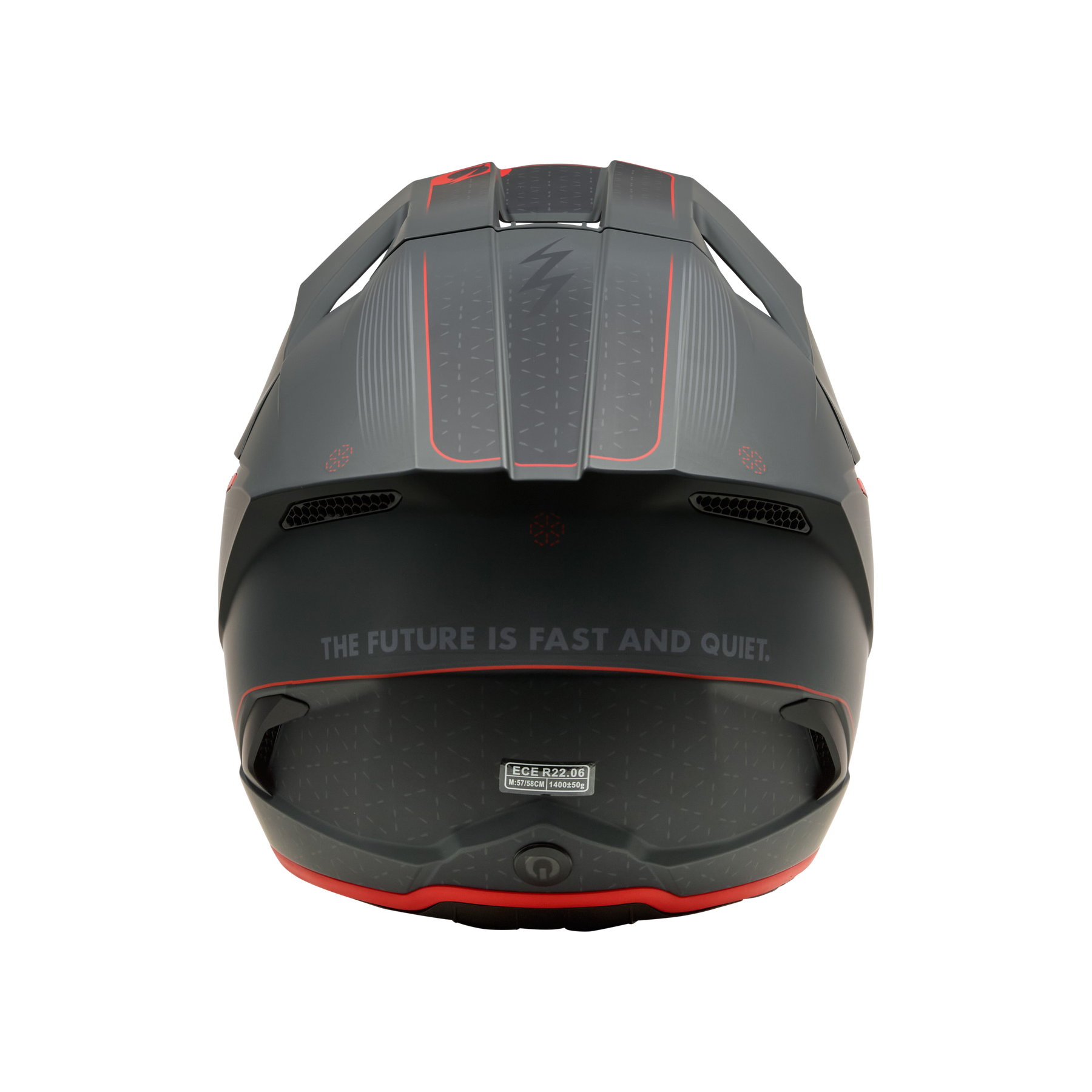 Der O'NEAL 3SRS Helm E-STROKE von O'NEAL hat ein mattschwarzes Finish mit roten Akzenten, ein Blitzdesign auf der Oberseite und den Aufdruck "THE FUTURE IS FAST AND QUIET" auf der Rückseite.