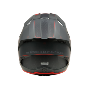 Der O'NEAL 3SRS Helm E-STROKE von O'NEAL hat ein mattschwarzes Finish mit roten Akzenten, ein Blitzdesign auf der Oberseite und den Aufdruck "THE FUTURE IS FAST AND QUIET" auf der Rückseite.