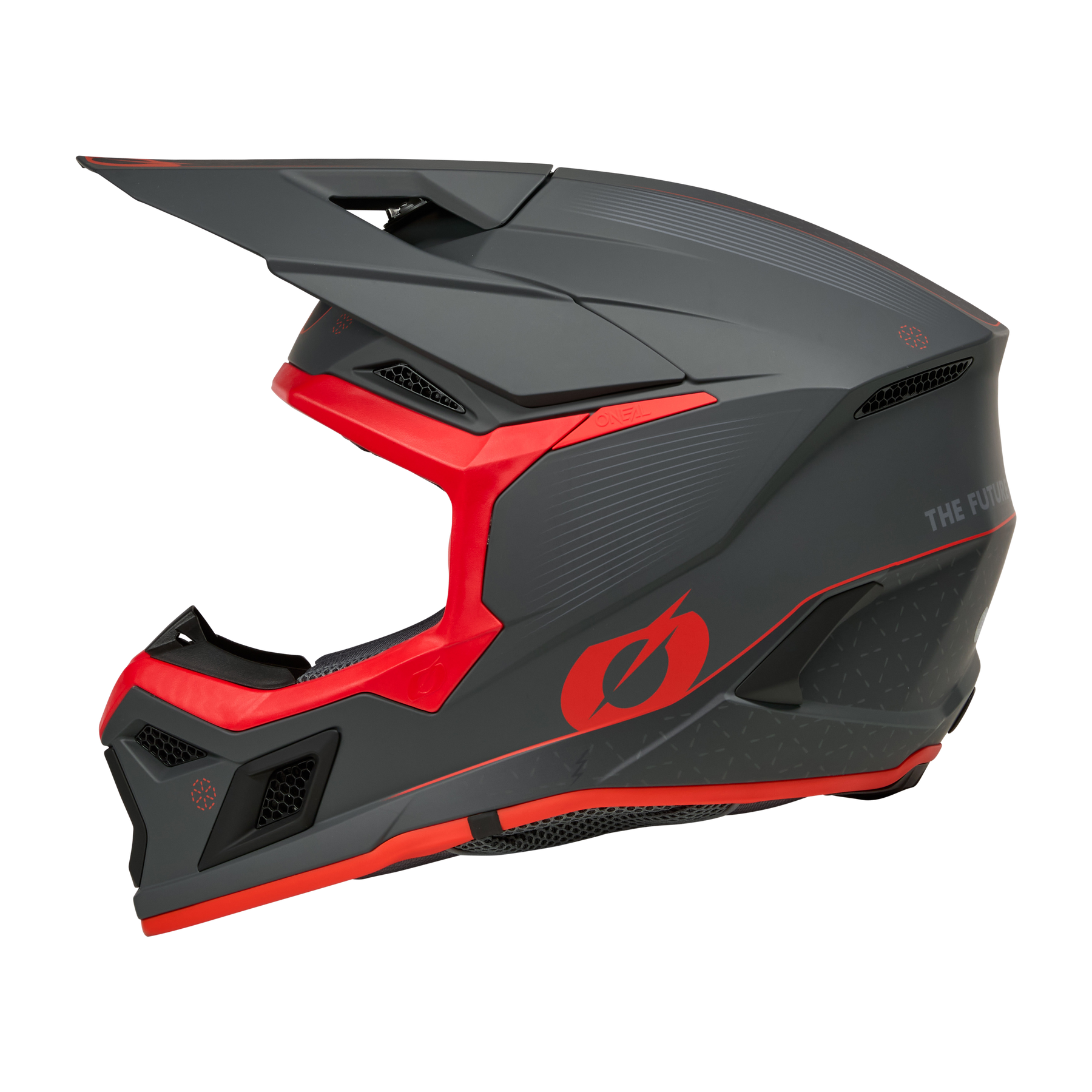 Der O'NEAL 3SRS Helmet E-STROKE ist ein mattschwarz-roter Fullface-Motocross-Helm mit großem Visier, markanten Belüftungsöffnungen, kantigen Designdetails, kräftigen roten Akzenten und einem O'NEAL-Logo an der Seite.