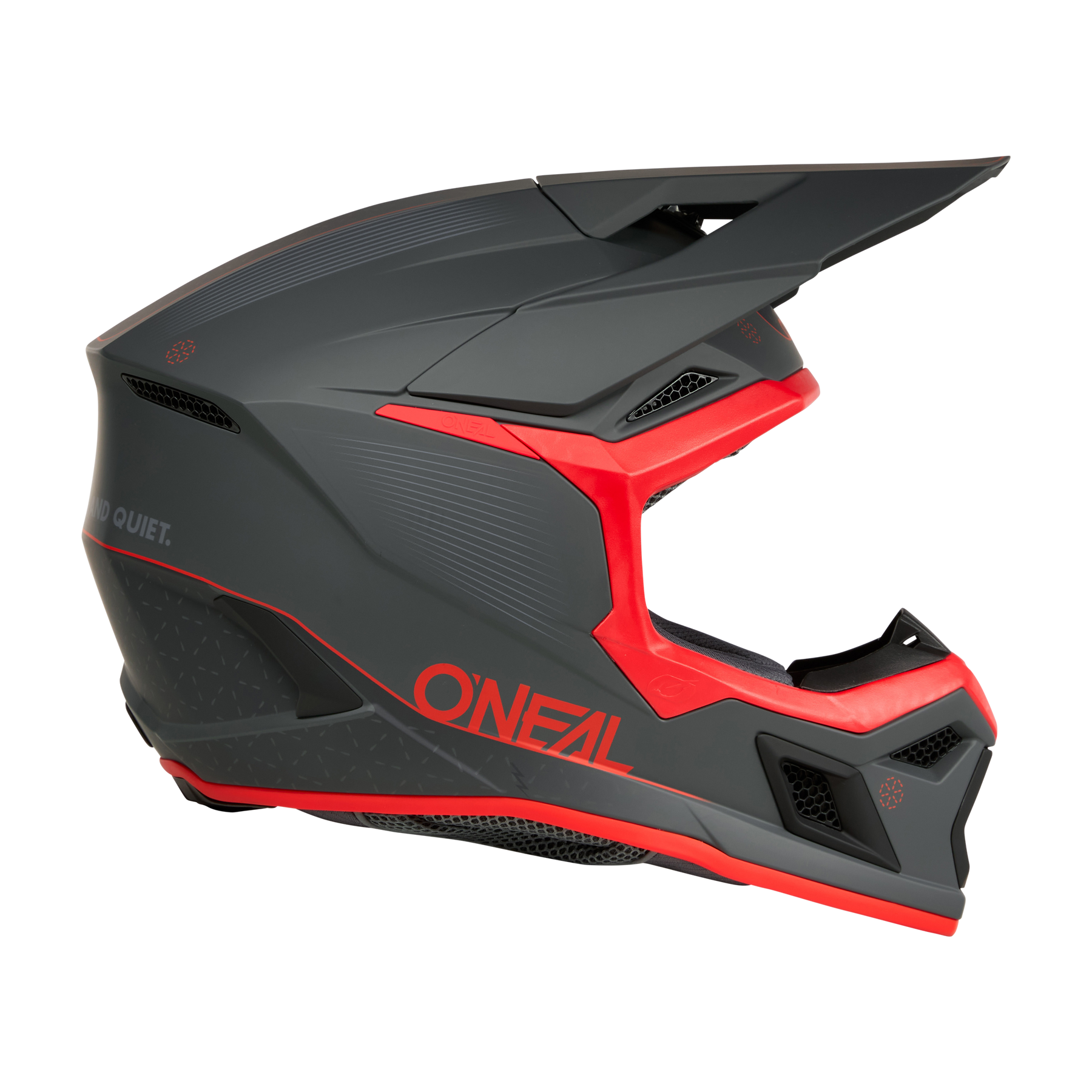 Der O'NEAL 3SRS Helmet E-STROKE ist ein mattschwarz-roter Fullface-Motocross-Helm mit spitzem Visier, kantigem Design und markantem O'NEAL-Branding an der Seite.