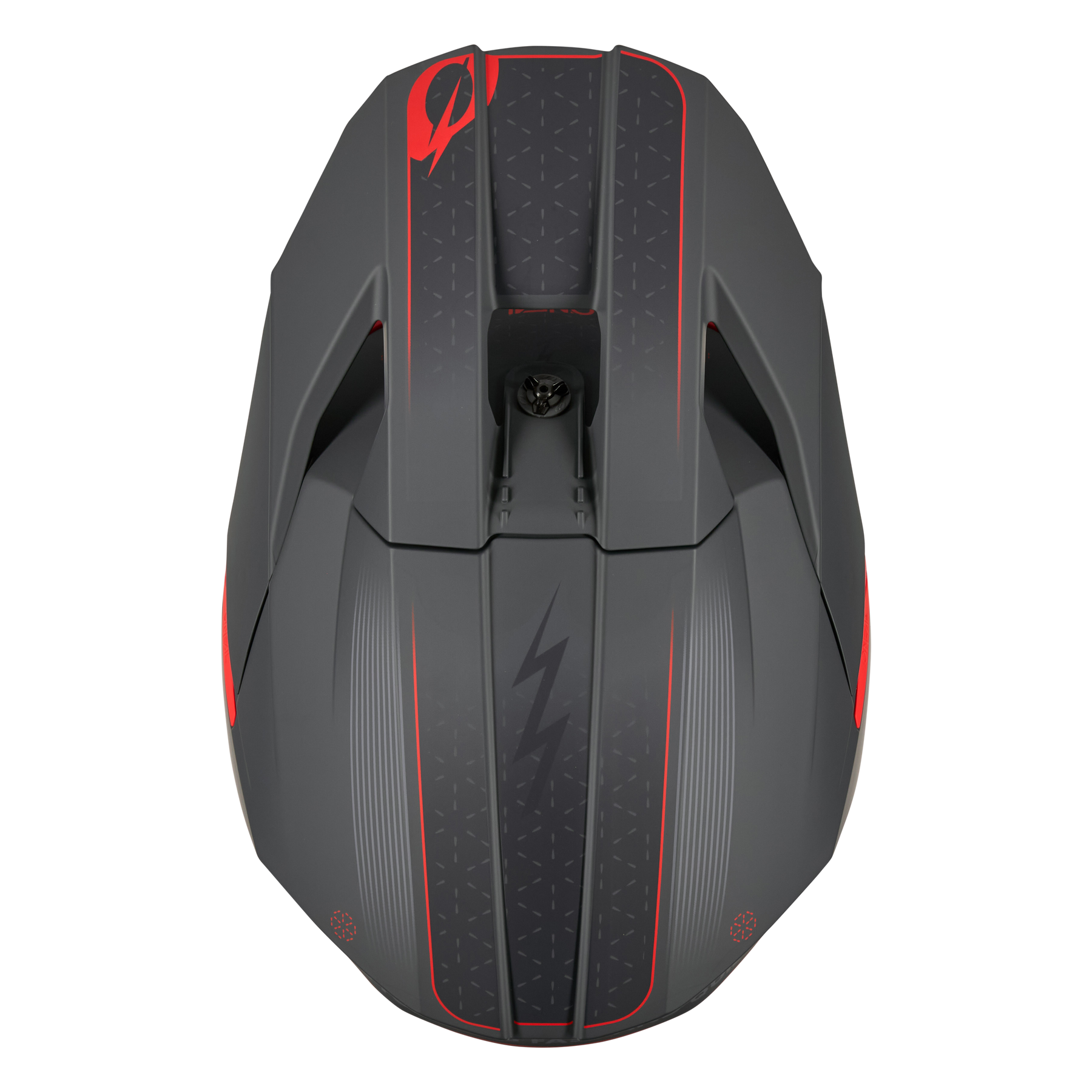 Draufsicht auf den O'NEAL 3SRS Helm E-STROKE: mattschwarz mit roten Akzenten, zentralem Blitzdesign, stilisiertem "Q"-Symbol, aerodynamischen Rillen und geometrischen Mustern von O'NEAL.