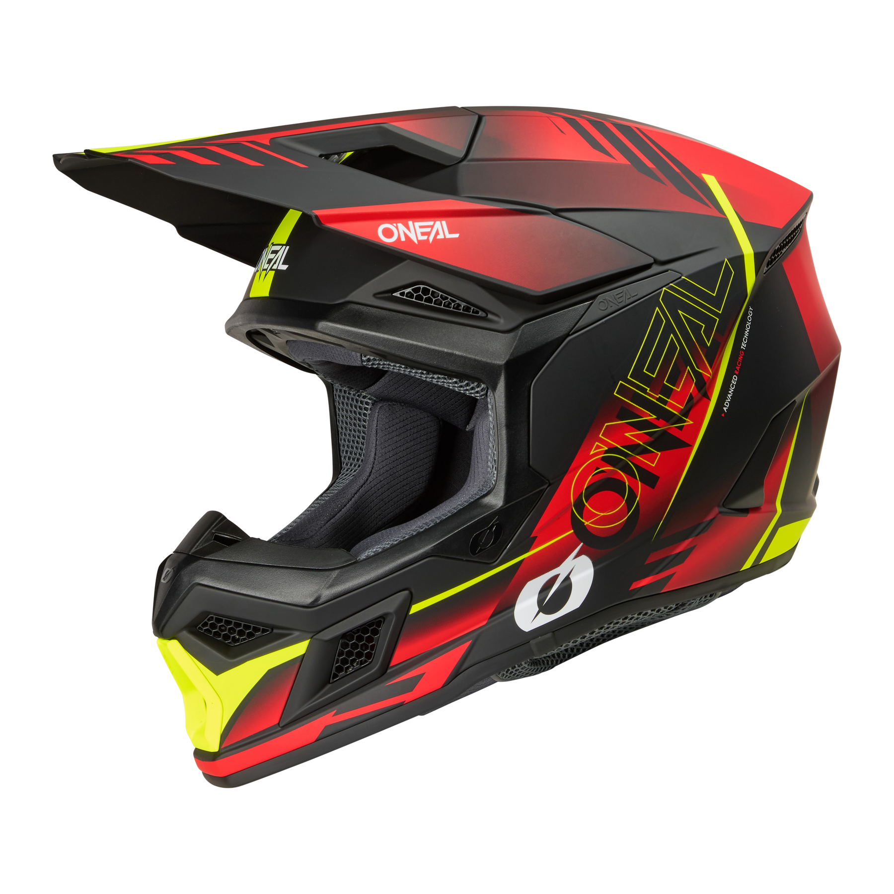 Der O'NEAL 3SRS Helmet HAZE ist ein rot-schwarz-gelber Fullface-Motocross-Helm mit kantigem Design, Visier, Belüftungsöffnungen und dem O'NEAL-Logo an der Seite.