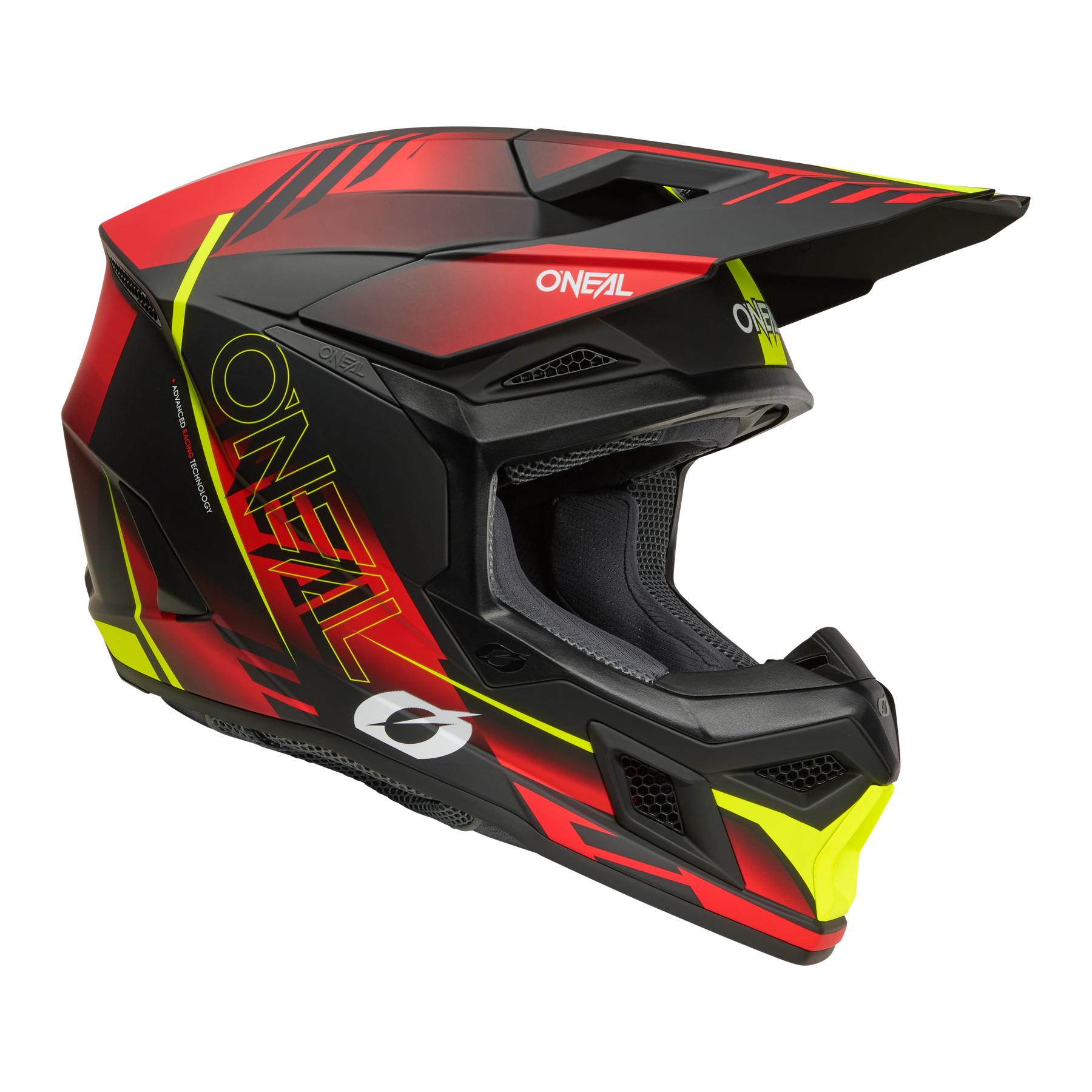 Der O'NEAL 3SRS Helmet HAZE ist ein Fullface-Motocross-Helm in Schwarz, Rot und Gelb mit "O'NEAL"-Branding, Visier und Belüftungsöffnungen.