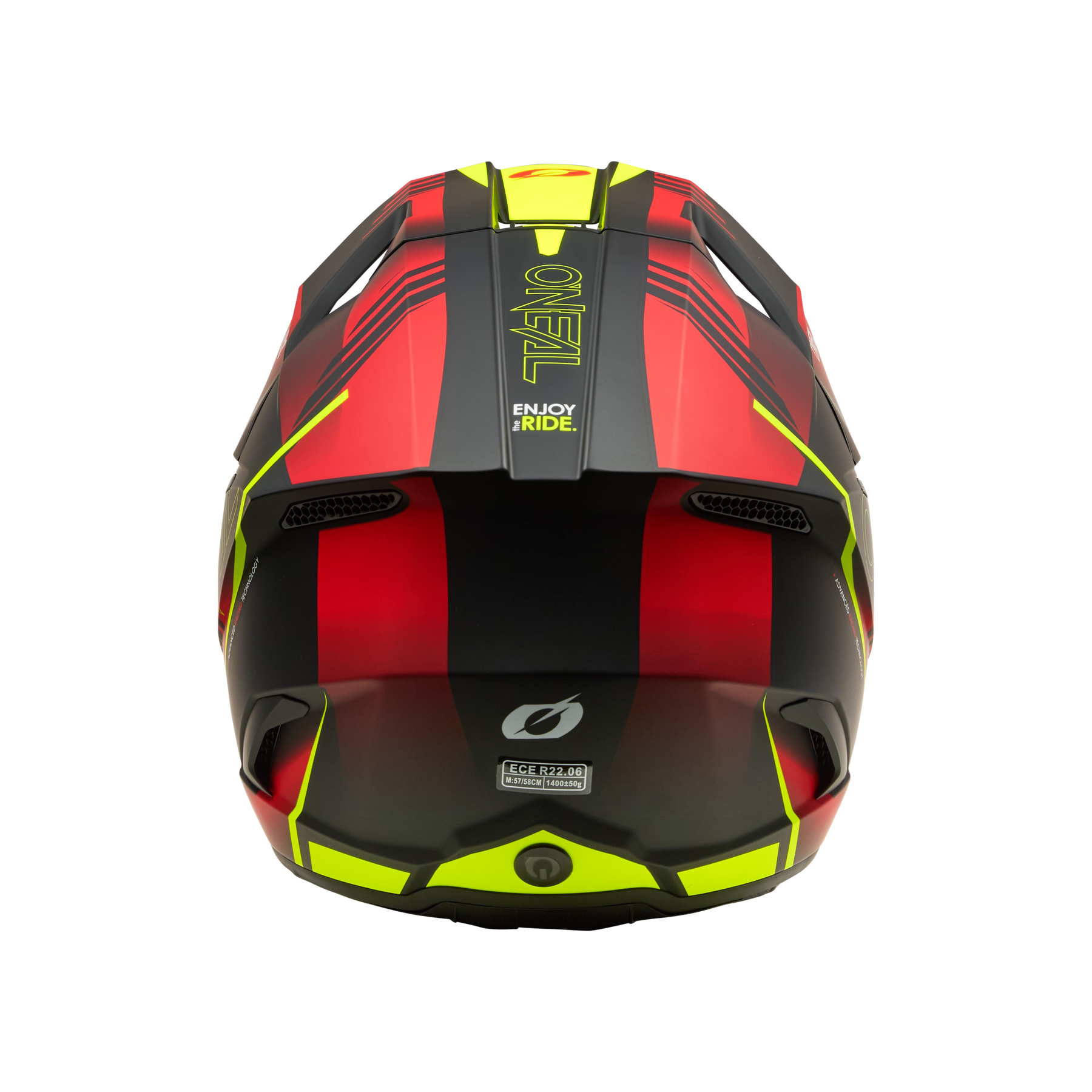 Die Rückansicht des O'NEAL 3SRS Helmet HAZE zeigt sein rotes, schwarzes und gelbes, mattes Design mit Belüftungsöffnungen, dem Text "ENJOY THE RIDE" und einem Zertifizierungsaufkleber.