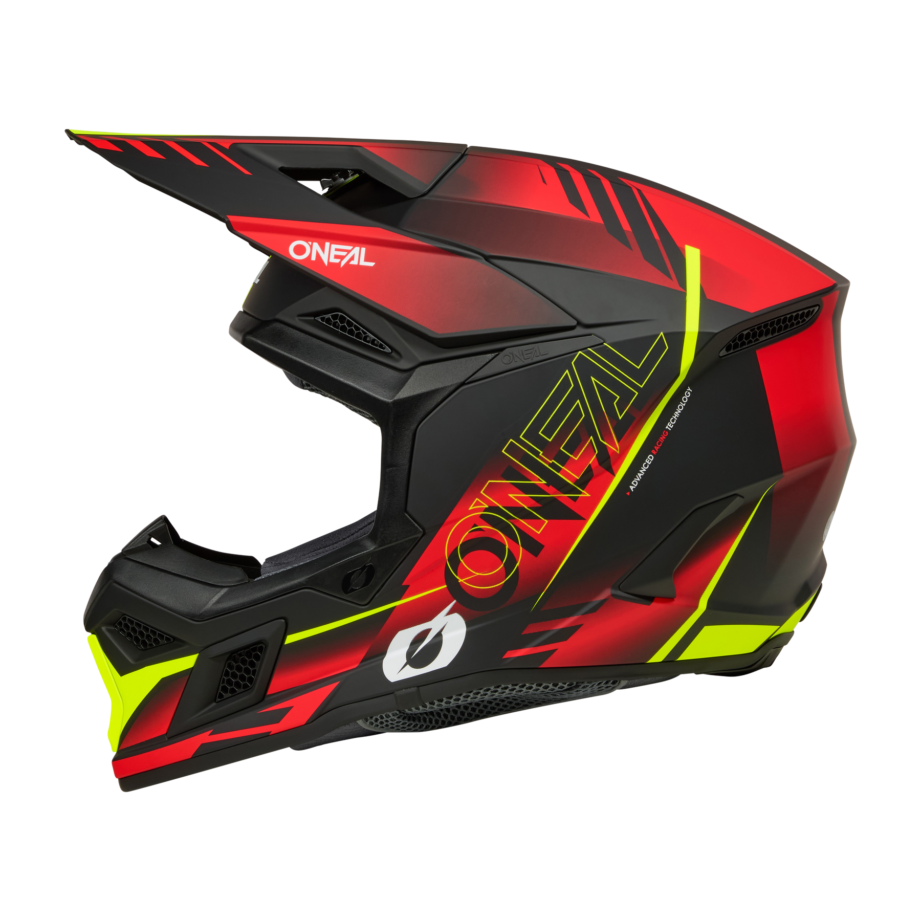 Der O'NEAL 3SRS Helmet HAZE ist ein Fullface-Motocross-Helm in Rot, Schwarz und Gelb mit dem O'NEAL-Logo an der Seite und einem großen Visier für zusätzlichen Schutz.