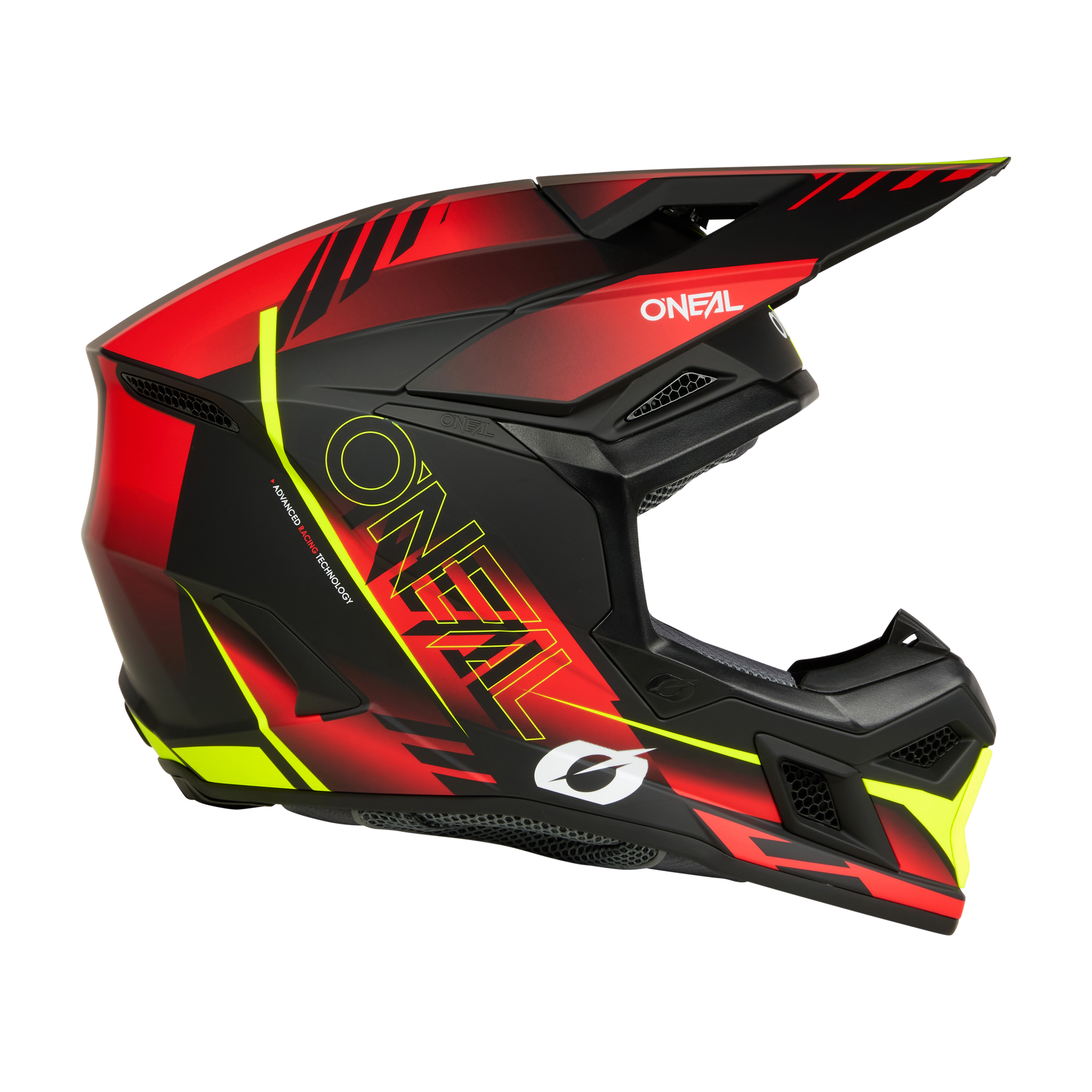 Der O'NEAL 3SRS Helmet HAZE ist ein Fullface-Motocross-Helm mit schwarzer, roter und neongelber, kantiger Grafik und einem markanten Visier für verbesserten Kopfschutz.